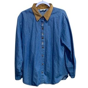 Cascade Blues | Size 1X Denim Button-Down Shirt‎ Suede Collar Leaf Embroidery